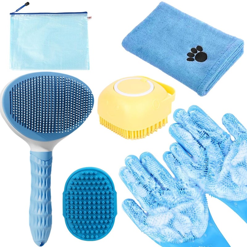 KUEIOX Bath Grooming Kit with Hair Brush, Towel & Scrubber Gloves - 6-in-1 Slicker Brush for Shedding Dogs & Cats, Blue - Image 1